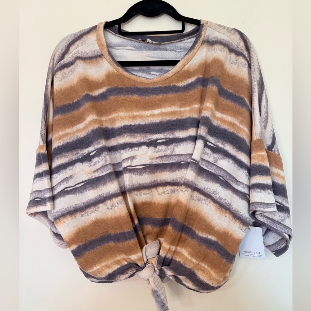 NWT Weekend Faux Tie-Front Striped Blouse in Brown & Gray